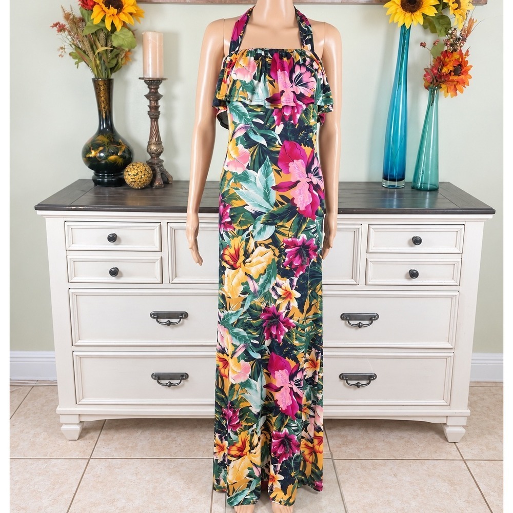 Janette John 3:16 Maxi Dress Garden Party Tropical Floral Ruffle Halter Small